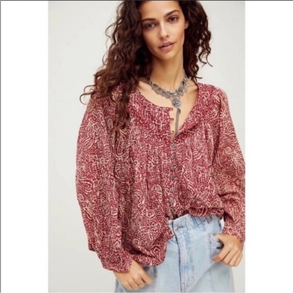 Free People We The Free Cool Meadow Red Boho Printed Blouse Cotton Size Small - Picture 1 of 15